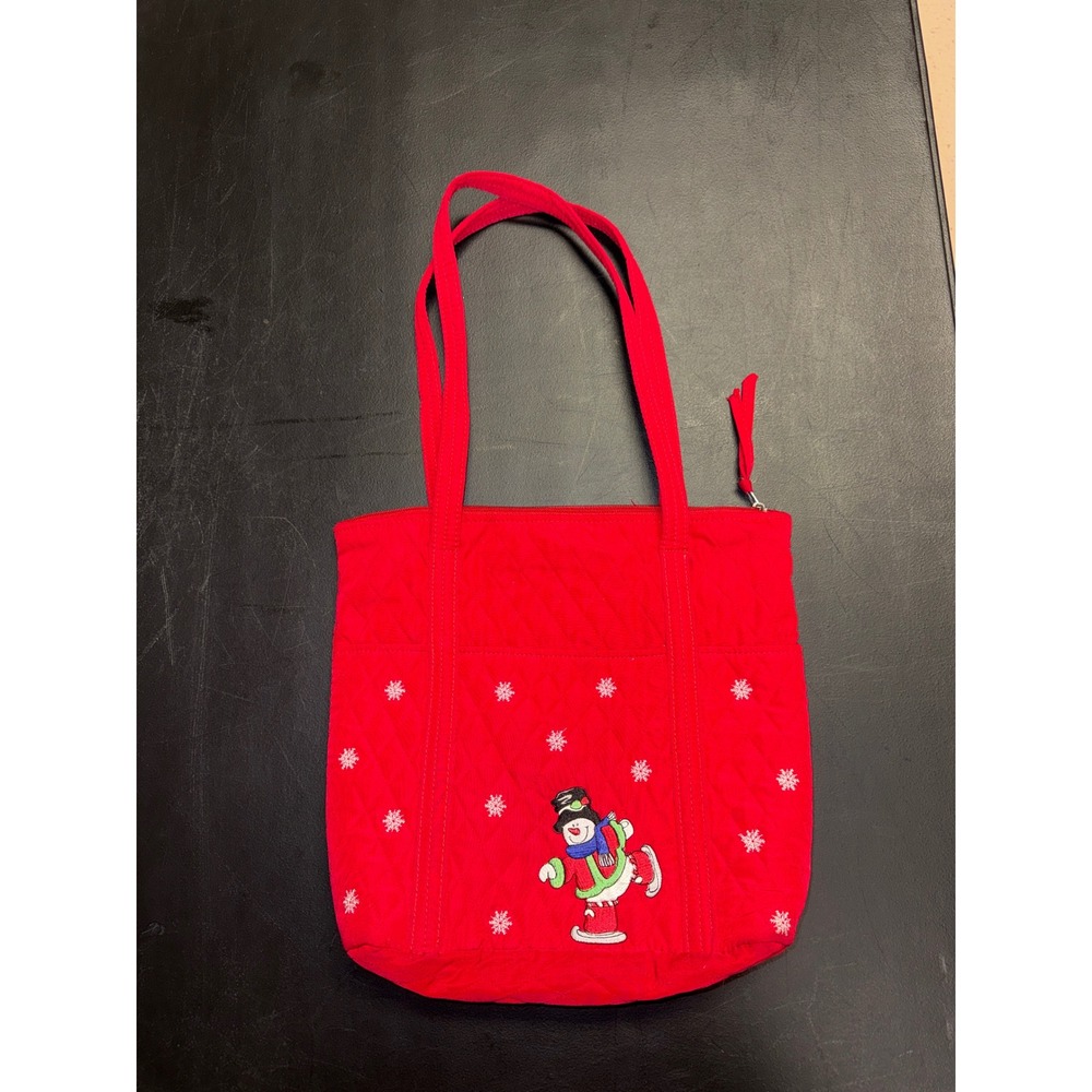 Red Quilted Christmas Snowman Tote Bag Embroidered Winter Holiday Shoulder Bag
